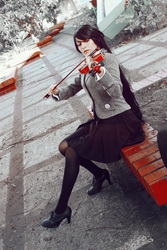 Size: 3456x5184 | Tagged: safe, artist:fukitsuline, octavia melody, human, g4, clothes, cosplay, irl, irl human, musical instrument, pantyhose, photo, sitting, skirt, solo, violin