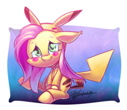 Size: 2496x2152 | Tagged: safe, artist:jggjqm522, fluttershy, pikachu, g4, blushing, clothes, cosplay, costume, female, nintendo, pajamas, pokémon, solo, zipper