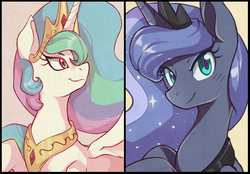 Size: 1428x994 | Tagged: safe, artist:sallymon, princess celestia, princess luna, alicorn, pony, g4, female, looking at you, mare, open mouth, smiling