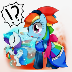 Size: 1200x1200 | Tagged: safe, artist:hoyeechun, rainbow dash, rarity, pegasus, pony, unicorn, g4, alternate hairstyle, clothes, dress, dressup, duo, eyes closed, puffy sleeves, rainbow dash always dresses in style, tail