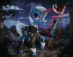 Size: 2240x1750 | Tagged: safe, artist:yakovlev-vad, trixie, pony, unicorn, g4, alicorn amulet, assassin, assassin's creed, cutie mark, female, glowing horn, gun, hat, hooves, horn, knife, levitation, magic, mare, monocle, moon, night, optical sight, rifle, sniper, sniper rifle, solo, telekinesis, wanted poster, weapon