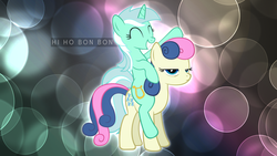 Size: 1920x1080 | Tagged: safe, artist:artpwny, artist:clockwork65, bon bon, lyra heartstrings, sweetie drops, g4, abstract background, bon bon is not amused, duo, excited, eyes closed, frown, grin, happy, lidded eyes, lyra riding bon bon, ponies riding ponies, riding, smiling, vector, wallpaper