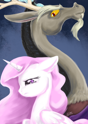 Size: 744x1052 | Tagged: safe, artist:dawnallies, discord, princess celestia, g4, female, filly, male, sad, ship:dislestia, shipping, straight