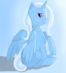 Size: 846x944 | Tagged: safe, artist:akkiv, trixie, alicorn, pony, g4, alicornified, blue background, female, race swap, simple background, sitting, solo, trixiecorn