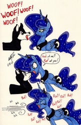 Size: 1403x2163 | Tagged: safe, artist:newyorkx3, princess luna, dog, g4, barking, comic, doggy luna, traditional art, zip lines