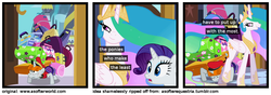 Size: 1200x420 | Tagged: safe, bags valet, princess celestia, rarity, g4, a softer world, atlas, bellhop pony, sluggage