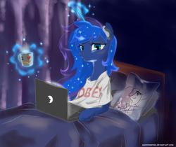 Size: 915x768 | Tagged: safe, artist:maroonriver, princess luna, alicorn, pony, princess molestia, g4, :3, bed, bed mane, bedroom, blushing, body pillow, clothes, coffee, computer, eyeshadow, female, glowing horn, hair over one eye, headphones, horn, kamina sunglasses, laptop computer, levitation, magic, makeup, mare, mug, obey, pillow, solo