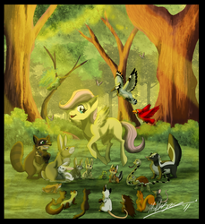 Size: 988x1079 | Tagged: safe, artist:xashleymx, fluttershy, beaver, bird, butterfly, chipmunk, ferret, frog, porcupine, rabbit, rat, skunk, snake, squirrel, tortoise, g4, animal, filly, forest, younger