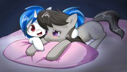 Size: 1400x800 | Tagged: safe, artist:aymint, dj pon-3, octavia melody, vinyl scratch, earth pony, pony, unicorn, g4, bed, blushing, comforting, crying, duo, duo female, female, horn, lesbian, lying down, mare, open mouth, pillow, pixiv, ship:scratchtavia, shipping