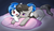 Size: 1400x800 | Tagged: safe, artist:aymint, dj pon-3, octavia melody, vinyl scratch, earth pony, pony, unicorn, g4, bed, blushing, comforting, crying, duo, duo female, female, horn, lesbian, lying down, mare, open mouth, pillow, pixiv, ship:scratchtavia, shipping