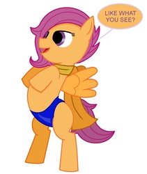 Size: 800x950 | Tagged: safe, artist:scootaloo009, scootaloo, pony, g4, bipedal, clothes, female, filly, like what you see?, partial nudity, solo, swimsuit, topless