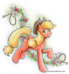 Size: 869x940 | Tagged: safe, artist:jayelle-anderson, applejack, g4, apple, female, flower, rope, smiling, solo, traditional art
