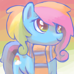Size: 800x800 | Tagged: safe, artist:needsmoarg4, rainbow dash, rainbow dash (g3), earth pony, pony, g3, g3.5, g4, clothes, digital painting, female, g3.5 to g4, generation leap, mare, scarf, solo