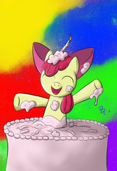 Size: 656x958 | Tagged: safe, artist:plinko, apple bloom, g4, birthday, birthday cake, cake, cute, female, messy, popping out of a cake, solo