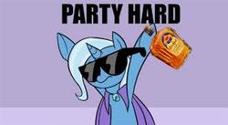 Size: 303x166 | Tagged: safe, edit, trixie, pony, unicorn, g4, applejack daniel's, booze, female, mare, party hard, solo, sunglasses