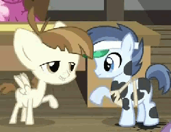 Size: 370x286 | Tagged: safe, screencap, cheerilee, featherweight, shady daze, earth pony, pegasus, g4, ponyville confidential, animated, colt, cropped, duo focus, foal, high five, hoofbump, male