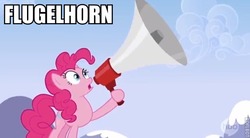 Size: 620x342 | Tagged: safe, pinkie pie, g4, female, flugelhorn, image macro, megaphone, solo