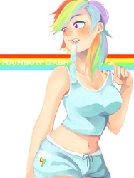 Size: 600x800 | Tagged: safe, artist:碳水怪獸, rainbow dash, human, g4, breasts, busty rainbow dash, female, humanized, mouth hold, pixiv, solo