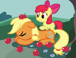 Size: 903x692 | Tagged: safe, artist:gingermint, artist:icekatze, apple bloom, applejack, earth pony, pony, g4, magical mystery cure, apple sisters, duo, duo female, female, filly, foal, mare, siblings, sisters, swapped cutie marks