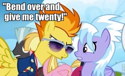 Size: 542x330 | Tagged: safe, edit, edited screencap, screencap, cloudchaser, meadow flower, spitfire, thunderlane, g4, wonderbolts academy, image macro, sunglasses