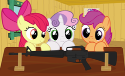 Size: 1095x670 | Tagged: safe, artist:totallynotabronyfim, apple bloom, scootaloo, sweetie belle, earth pony, pegasus, pony, unicorn, g4, cutie mark crusaders, gun, m16, m16a1, smiling, this will end in tears
