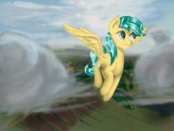 Size: 900x675 | Tagged: safe, artist:tinksunbeam, sunshower raindrops, g4, cloud, cloudy, female, flying, scenery, solo, vertigo