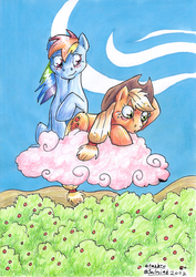 Size: 990x1401 | Tagged: safe, artist:isalmiak, applejack, rainbow dash, g4, apple, cloud, female, food, implied shipping, lesbian, pink, ship:appledash, shipping, the moomins, traditional art