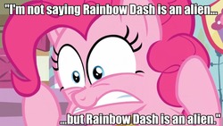 Size: 960x541 | Tagged: safe, edit, edited screencap, screencap, pinkie pie, rainbow dash, g4, ancient aliens, female, giorgio a. tsoukalos, image macro, solo