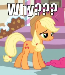 Size: 435x499 | Tagged: safe, edit, edited screencap, screencap, applejack, g4, female, image macro, solo, unhapplejack