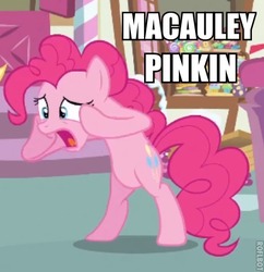 Size: 434x448 | Tagged: safe, pinkie pie, earth pony, pony, g4, bipedal, bipedal leaning, female, home alone, image macro, kevin mccallister, leaning, macaulay culkin, solo