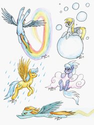 Size: 774x1032 | Tagged: safe, artist:fallenzephyr, cloudchaser, derpy hooves, lightning dust, rainbow dash, sunshower raindrops, g4, bubble, cloud, rain