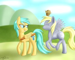 Size: 1000x800 | Tagged: safe, artist:srk-ares, derpy hooves, sunshower raindrops, pegasus, pony, g4, bread, day, eyes closed, female, happy, looking back, mare, muffin, smiling, that pony sure does love bread, wing hold, wings