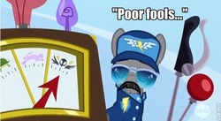 Size: 636x348 | Tagged: safe, edit, edited screencap, screencap, whiplash, pony, g4, wonderbolts academy, clothes, eyes closed, hat, image macro, male, solo, stallion, sunglasses, uniform