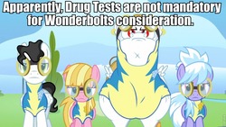 Size: 960x540 | Tagged: safe, edit, edited screencap, screencap, bulk biceps, cloudchaser, meadow flower, mercury, starry eyes (g4), pegasus, pony, g4, wonderbolts academy, caption, clothes, drugs, ear piercing, earring, female, goggles, image macro, jewelry, lead pony badge, male, mare, piercing, roflbot, stallion, steroids, uniform, wingpony badge, wonderbolt trainee uniform