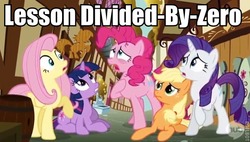 Size: 604x342 | Tagged: safe, edit, edited screencap, screencap, applejack, fluttershy, pinkie pie, rarity, twilight sparkle, earth pony, pegasus, pony, unicorn, g4, lesson zero, female, image macro, mare, pinkie panic