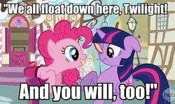 Size: 572x338 | Tagged: safe, pinkie pie, twilight sparkle, g4, image macro, it, mailbox, pennywise, pinkie being pinkie, pinkie physics, stephen king