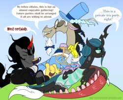 Size: 900x733 | Tagged: safe, artist:mickeymonster, discord, king sombra, queen chrysalis, changeling, changeling queen, draconequus, g4, alternate hairstyle, antagonist, classy, clothes, dialogue, drink, food, hat, hilarious in hindsight, how, monocle, swimsuit, tea, tea party, top hat