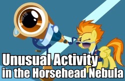 Size: 538x348 | Tagged: safe, edit, edited screencap, screencap, spitfire, pegasus, pony, g4, wonderbolts academy, female, horsehead nebula, image macro, mare, solo, sunglasses, telescope