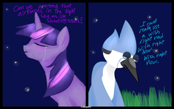 Size: 1274x800 | Tagged: safe, artist:cakeybots, twilight sparkle, g4, aeroplanes and meteor showers, airplanes (song), b.o.b., crossover, crossover shipping, crying, hayley williams, lyrics, male, meme, mordecai, mordetwi, plane, redraw mordetwi meme, regular show, sad, song reference