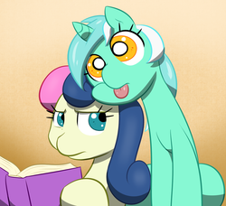 Size: 1000x912 | Tagged: safe, artist:slypon, bon bon, lyra heartstrings, sweetie drops, earth pony, pony, unicorn, g4, :p, bon bon is not amused, book, cute, duo, female, mare, raspberry, reading, silly, silly pony, tongue out