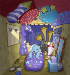 Size: 744x800 | Tagged: safe, artist:orca, smarty pants, trixie, pony, unicorn, g4, female, mare, pixiv, rope, shoebox, sleeping, sleeping bag, solo, trixie's wagon