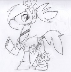 Size: 2013x2029 | Tagged: safe, artist:fluffysnail, earth pony, pony, female, mare, monochrome, nurse, ponified, redraw, skullgirls, solo, syringe, tail, tail wrap, traditional art, valentine (skullgirls)