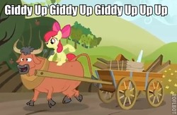 Size: 412x268 | Tagged: safe, apple bloom, bull, earth pony, pony, g4, cart, cloven hooves, duo, female, filly, giddy up, image macro, ponies riding bulls, riding
