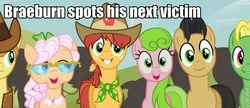 Size: 632x272 | Tagged: safe, edit, edited screencap, screencap, apple rose, braeburn, golden delicious, half baked apple, red gala, wensley, earth pony, pony, apple family reunion, g4, apple family member, background pony, bucktooth, cowboy hat, female, hat, image macro, male, mare, stallion