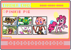 Size: 246x172 | Tagged: safe, artist:seaandsunshine, pinkie pie, delibird, jigglypuff, kricketune, ludicolo, maractus, sandile, g4, pokémon, trainer card