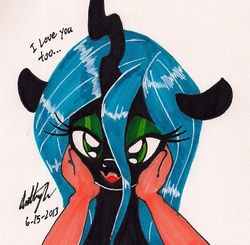 Size: 924x906 | Tagged: safe, artist:newyorkx3, queen chrysalis, human, g4, bedroom eyes, bronybait, hand, traditional art