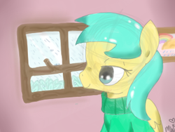 Size: 320x240 | Tagged: safe, artist:ponypocky317, sunshower raindrops, g4, clothes, female, rain, solo, sweater, window