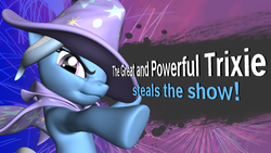 Size: 1280x720 | Tagged: safe, trixie, pony, unicorn, g4, 3d, character reveal, fake, female, mare, newcomer, parody, promo, solo, super smash bros., super smash bros. 4