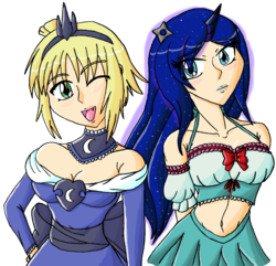 Size: 985x949 | Tagged: safe, artist:eradose, princess luna, human, g4, belly button, cosplay, costume swap, horn, horned humanization, humanized, kore wa zombie desu ka?, midriff, yuki yoshida