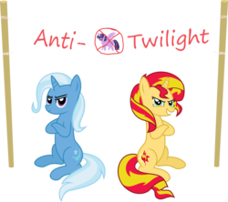 Size: 949x842 | Tagged: safe, artist:batmanbrony, sunset shimmer, trixie, twilight sparkle, alicorn, pony, unicorn, g4, crossed arms, female, grin, mare, sign, simple background, transparent background, twilight sparkle (alicorn)